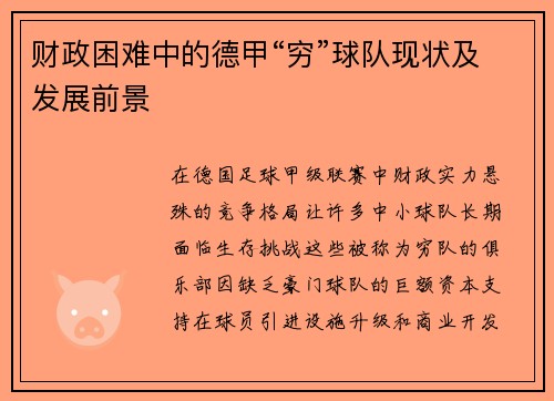 财政困难中的德甲“穷”球队现状及发展前景