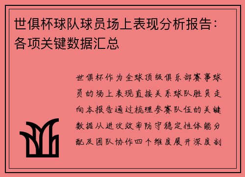 世俱杯球队球员场上表现分析报告：各项关键数据汇总
