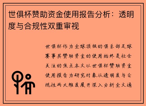 世俱杯赞助资金使用报告分析：透明度与合规性双重审视